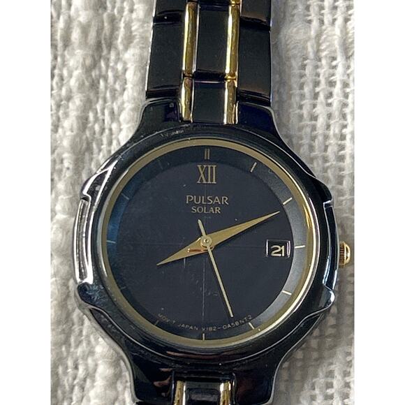 Pulsar Womens Watch Solar Date Black Gold Stainless Steel Water Resistant Quartz - Picture 1 of 4